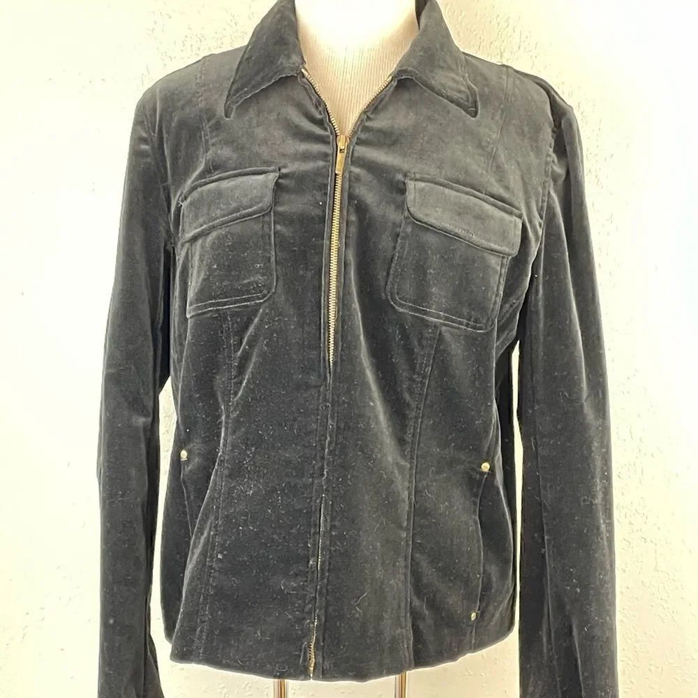 EUC Jones New York Womens Black Velour Style Zip Up Jacket Size M